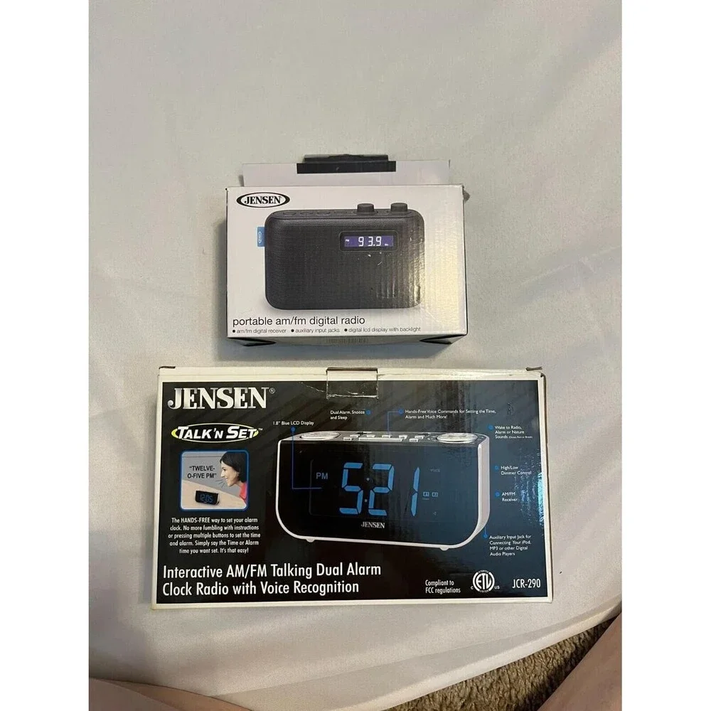 Lot of 2 Jensen SR-50 Portable AM/FM Digital Radio & JCR-290 Talking Alarm Clock